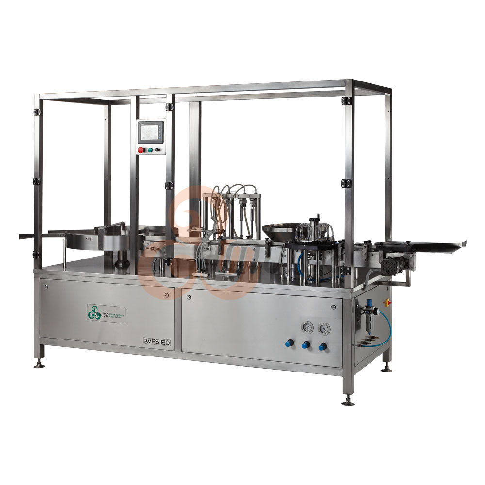 Automatic Multi Axis Servo Driven Vial Injectable Liquid Filling with Servo Driven Pick and Place Type Rubber Stoppering and Cap Crimping Machine for Small Scale Batches and R&D. Model: AVLF-30CS